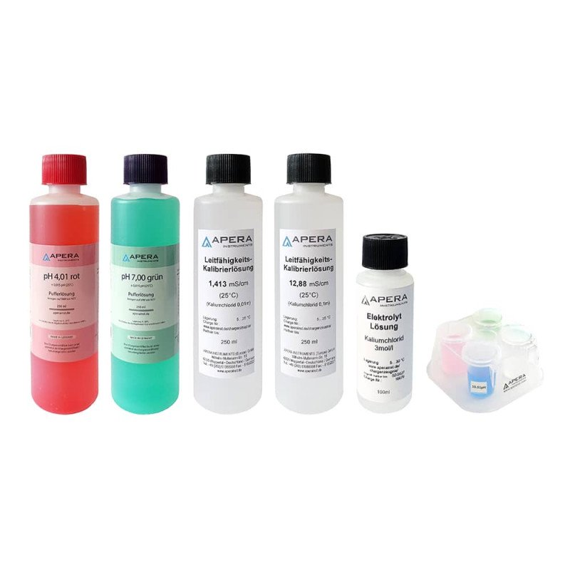 Calibration Solution Set pH 4.01 / 7.00 + 1.413 / 12.88 mS + 3M KCl incl. Calbox