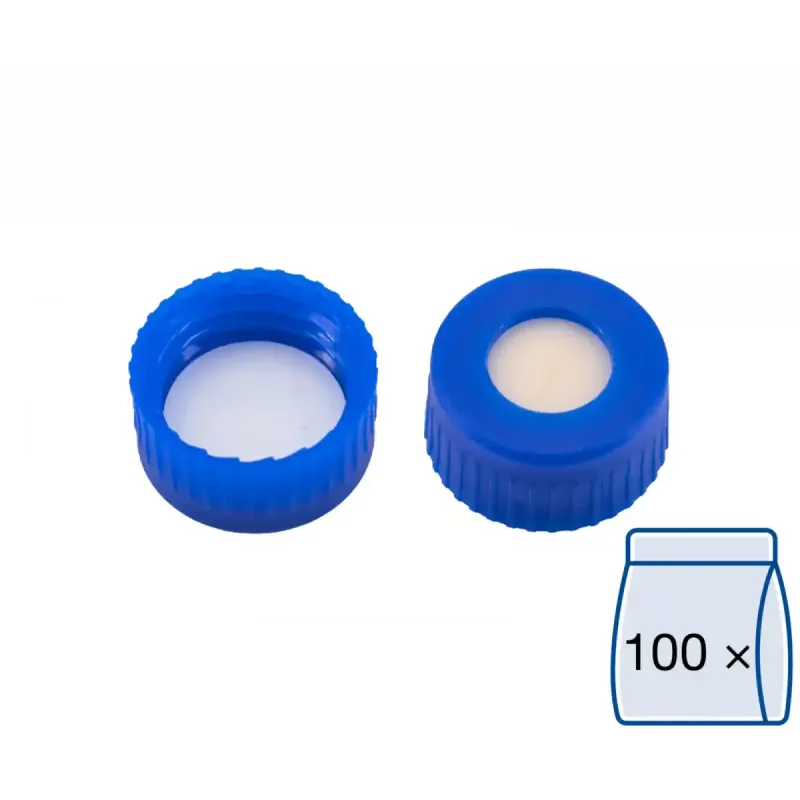 N 9 PP screw cap (bonded), blue, center hole Silicone beige/PTFE white, slit Hardness: 45° shore A Thickness: 1.3 mm pack of 100