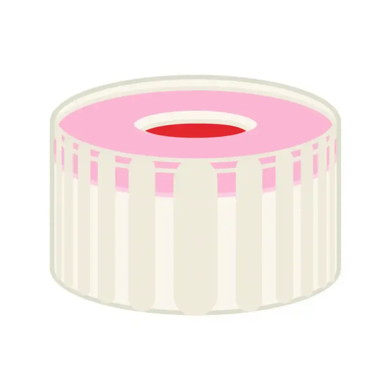 N 9 PP screw cap, transparent, center hole Red Rubber/FEP colorless Hardness: 45° shore A Thickness: 1.0 mm pack of 100