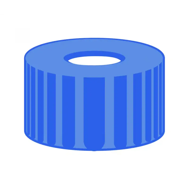 N 9 PP screw cap, blue, center hole PTFE virginal, white Hardness: 53° shore D Thickness: 0.25 mm pack of 100
