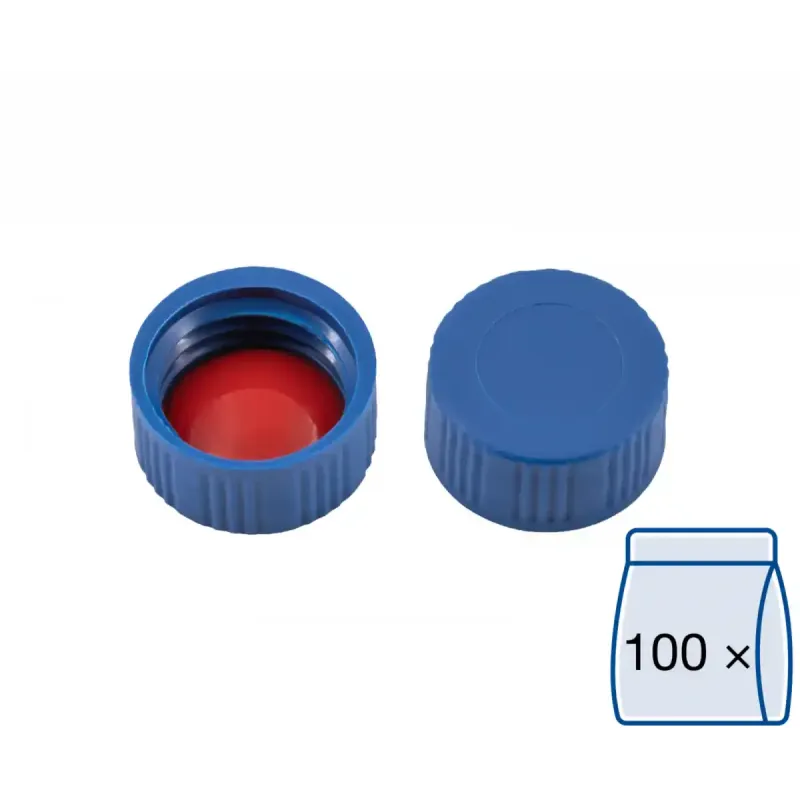 N 9 PP screw cap, blue, closed top Silicone white/PTFE red Hardness: 45° shore A Thickness: 1.0 mm pack of 100
