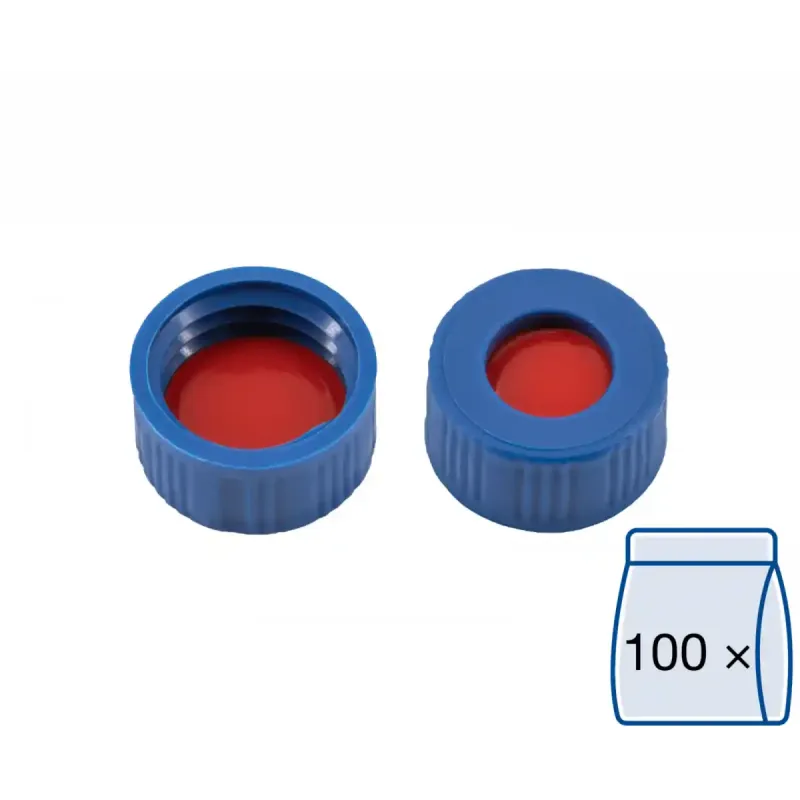 N 9 PP screw cap, blue, center hole PTFE red/Silicone white/PTFE red Hardness: 50° shore A Thickness: 1.0 mm pack of 100