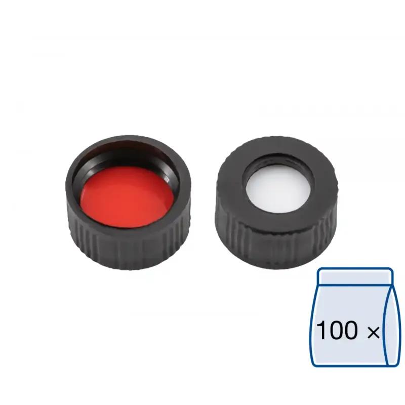N 9 PP screw cap, black, center hole Silicone white/PTFE red Hardness: 45° shore A Thickness: 1.0 mm pack of 100
