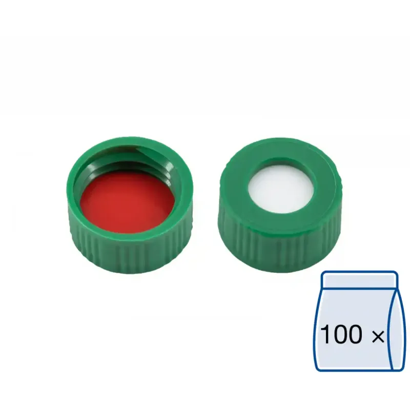 N 9 PP screw cap, green, center hole Silicone white/PTFE red Hardness: 45° shore A Thickness: 1.0 mm pack of 100
