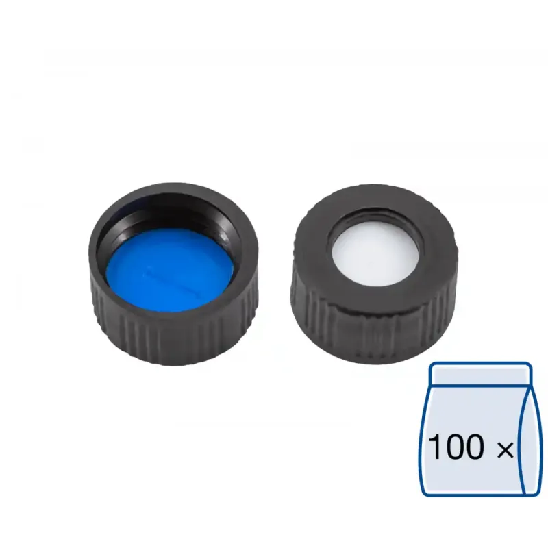 N 9 PP screw cap, black, center hole Silicone white/PTFE blue, slit Hardness: 55° shore A Thickness: 1.0 mm pack of 100