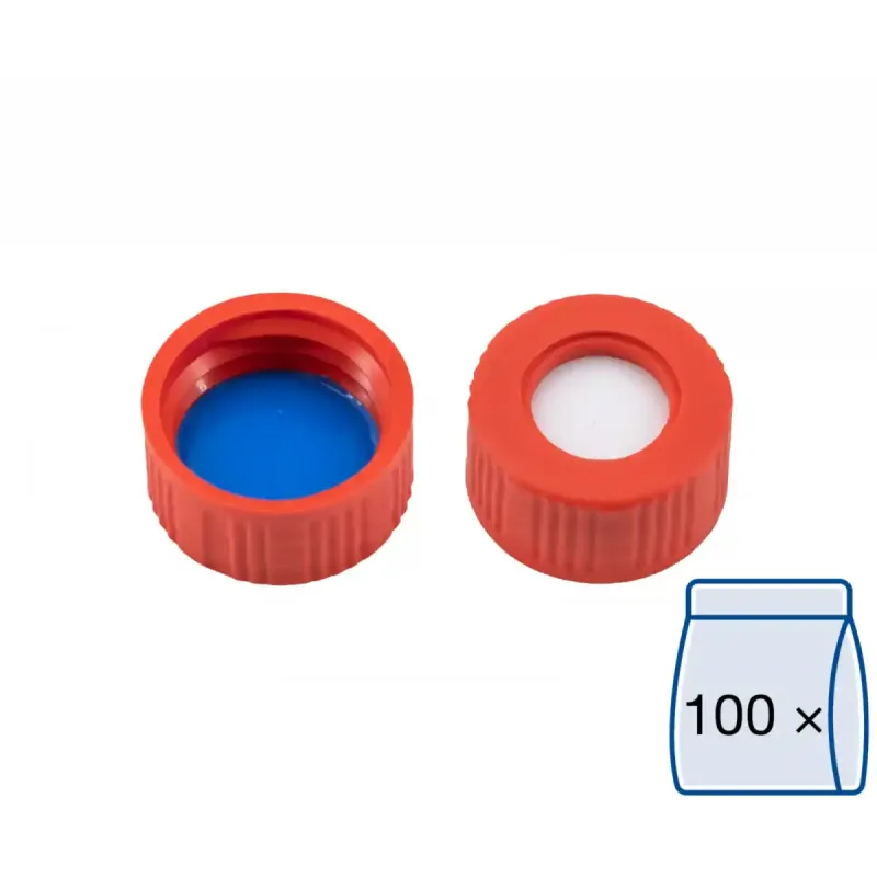 N 9 PP screw cap, red, center hole Silicone white/PTFE blue, slit Hardness: 55° shore A Thickness: 1.0 mm pack of 100