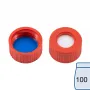 N 9 PP screw cap, red, center hole Silicone white/PTFE blue, slit Hardness: 55° shore A Thickness: 1.0 mm pack of 100