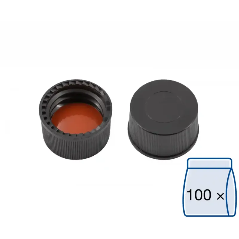 N 13 PP screw cap, black, closed top Red Rubber/FEP colorless Hardness: 45° shore A Thickness: 1.5 mm pack of 100