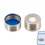 N 18 magnetic screw cap, silver, center hole Silicone white/PTFE blue Hardness: 45° shore A Thickness: 1.5 mm pack of 100