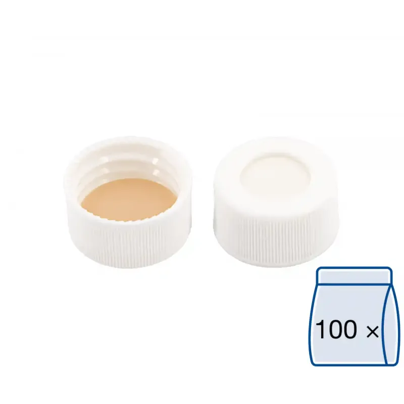 N 24 PP screw cap (bonded), white, center hole Silicone white/PTFE beige Hardness: 45° shore A Thickness: 3.2 mm pack of 100