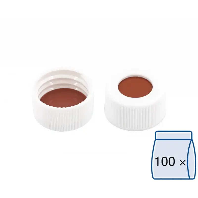 N 24 PP screw cap (bonded), white, center hole Red Rubber/TEF colorless Hardness: 45° shore A Thickness: 2.5 mm pack of 100