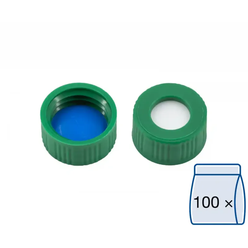 N 9 PP screw cap, green, center hole Silicone white/PTFE blue, slit Hardness: 55° shore A Thickness: 1.0 mm pack of 100