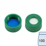 N 9 PP screw cap, green, center hole Silicone white/PTFE blue, slit Hardness: 55° shore A Thickness: 1.0 mm pack of 100