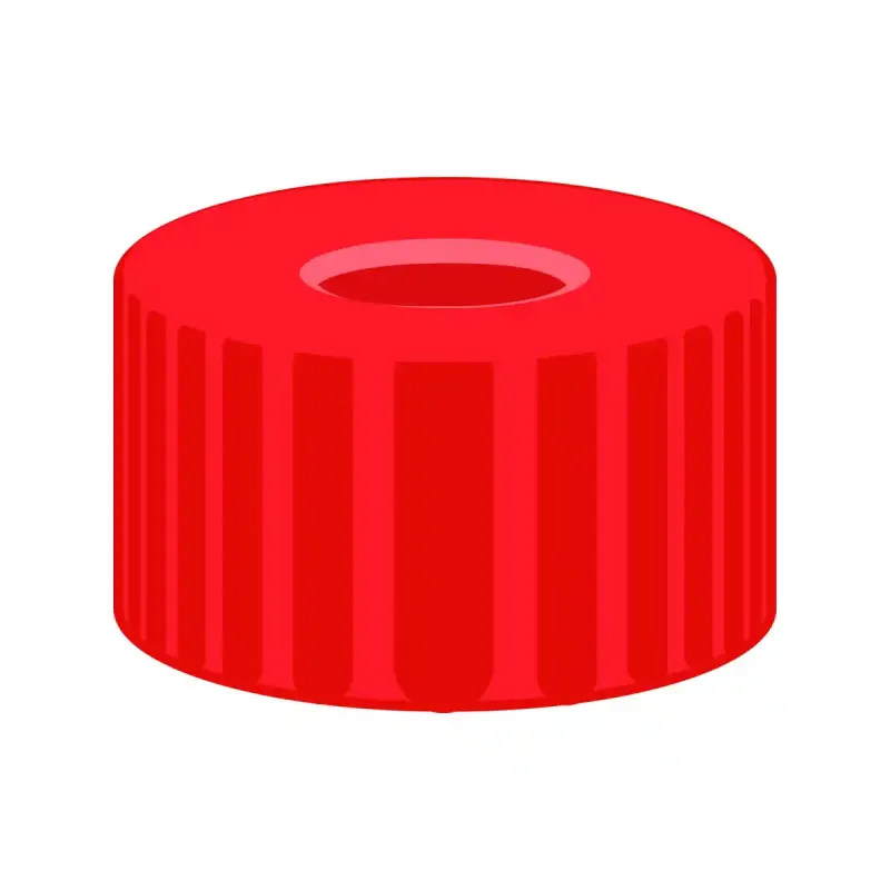 N 9 PP screw cap, red, center hole PTFE red/Silicone white/PTFE red Hardness: 50° shore A Thickness: 1.0 mm pack of 100