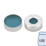 N 20 Aluminium crimp cap, silver, center hole Silicone blue transparent/PTFE colorless Hardness: 45° shore A Thickness: 3 mm pack of 100