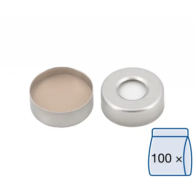 N 20 Aluminium crimp cap, silver, center hole Silicone white / PTFE beige Hardness: 45° shore A Thickness: 3 mm pack of 100