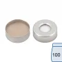 N 20 Aluminium crimp cap, silver, center hole Silicone white / PTFE beige Hardness: 45° shore A Thickness: 3 mm pack of 100