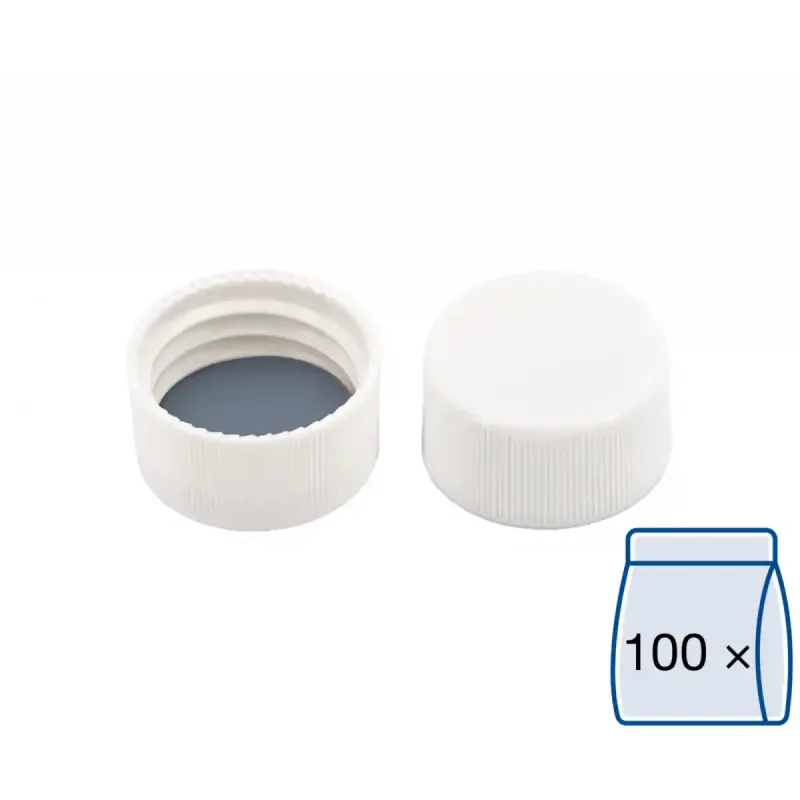 N 24 PP screw cap, white, closed top Butyl red/PTFE gray Hardness: 50° shore A Thickness: 2.4 mm pack of 100