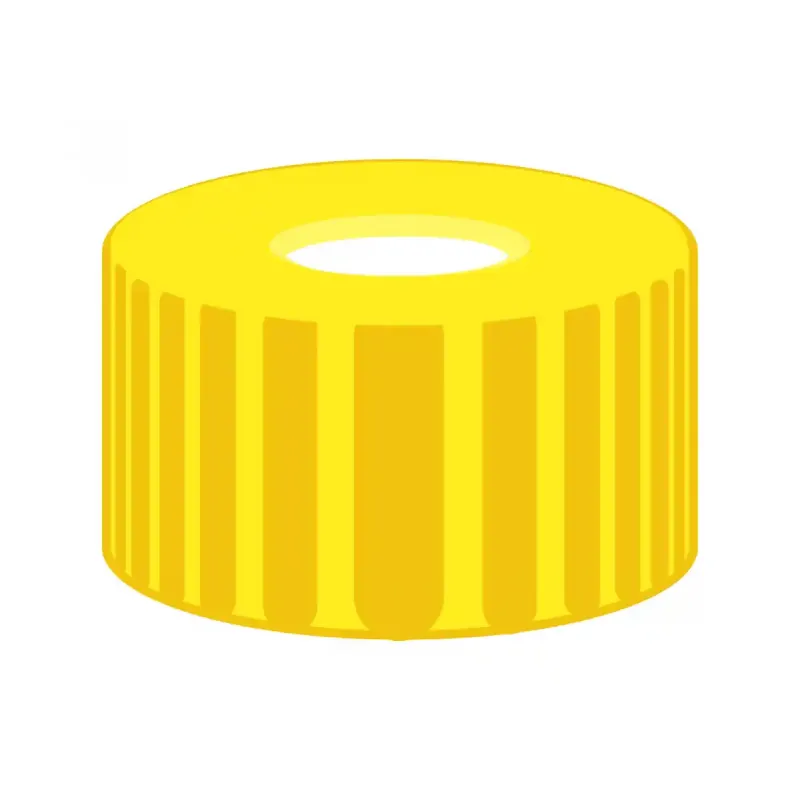 N 9 PP screw cap, yellow, center hole Silicone white/PTFE red Hardness: 45° shore A Thickness: 1.0 mm pack of 100