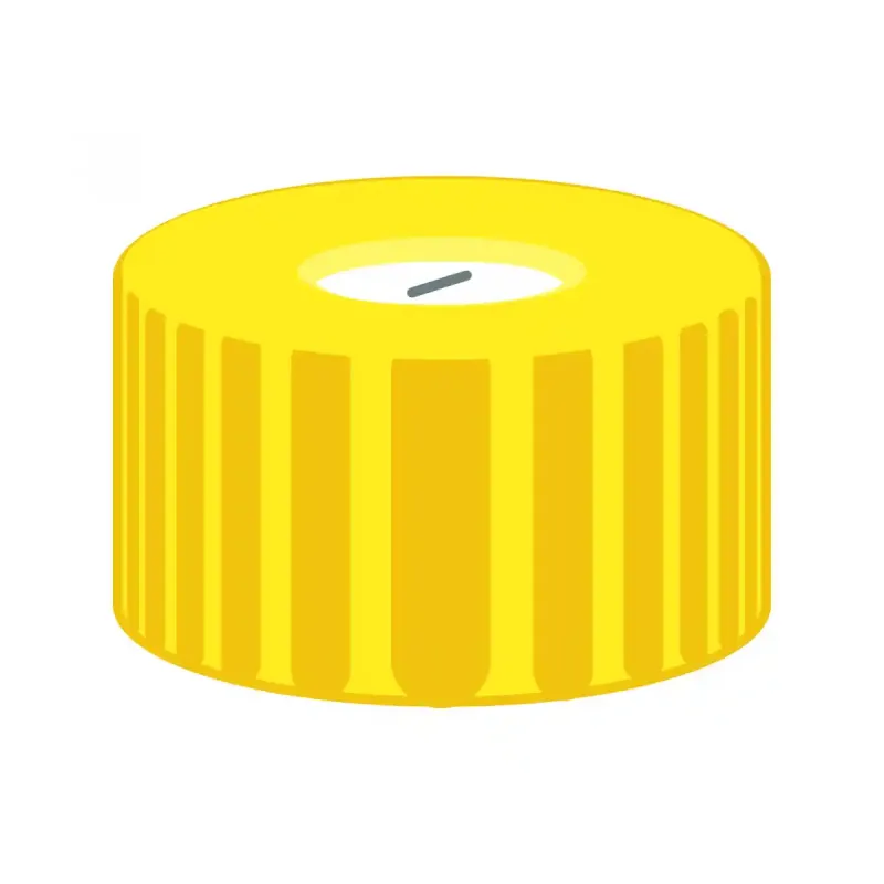 N 9 PP screw cap, yellow, center hole Silicone white/PTFE blue, slit Hardness: 55° shore A Thickness: 1.0 mm pack of 100