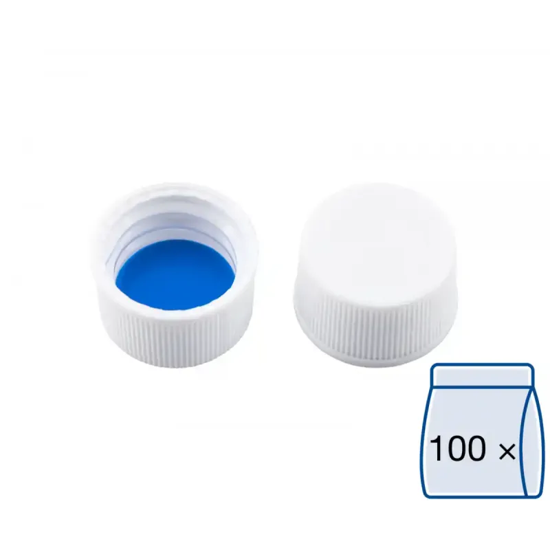 N 13 PP screw cap (bonded, 13-425), white, closed top Silicone white/PTFE blue Hardness: 55° shore A Thickness: 1.3 mm pack of 100