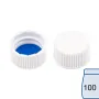 N 18 PP screw cap (bonded, 18-400), white, closed top Silicone white/PTFE blue Hardness: 55° shore A Thickness: 1.3 mm pack of 100