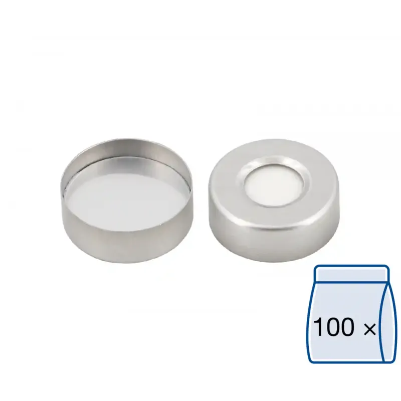 N 20 Aluminium crimp cap, silver, center hole Silicone white / FEP-/Aluminium foil silver Hardness: 45° shore A Thickness: 3.2 mm pack of 100
