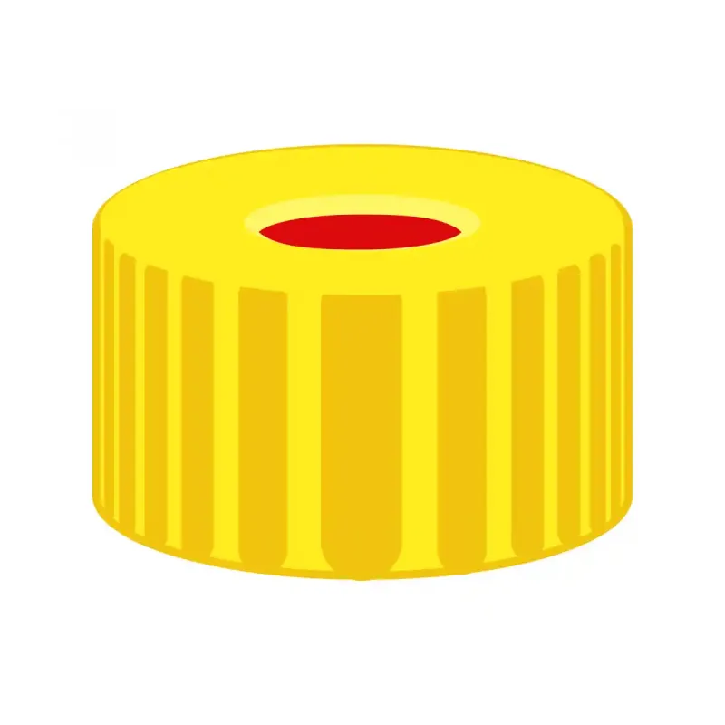N 9 PP screw cap, yellow, center hole PTFE red/Silicone white/PTFE red Hardness: 50° shore A Thickness: 1.0 mm pack of 100