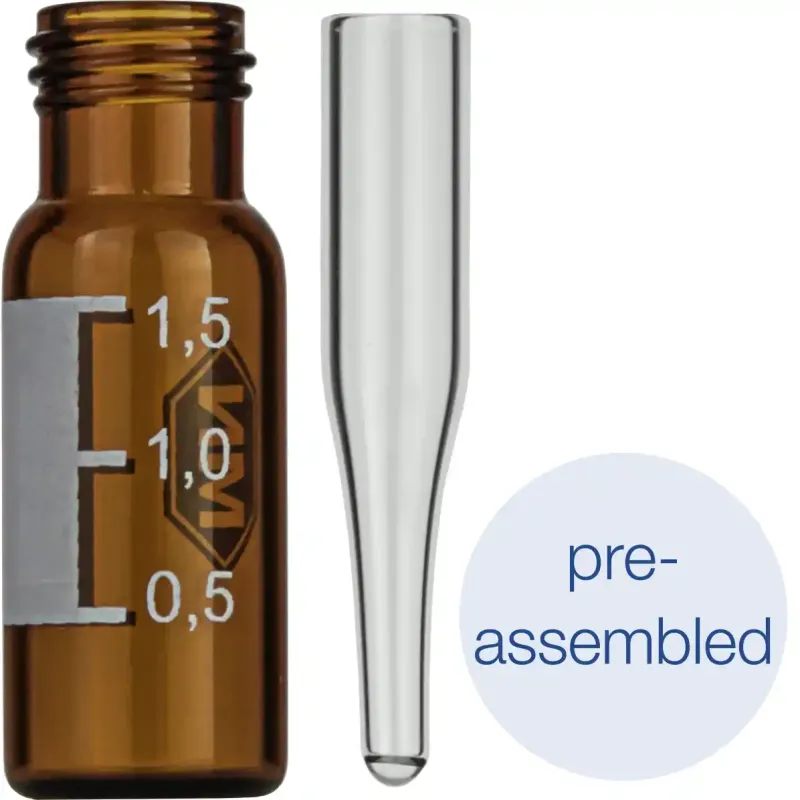 Pre-assembled vials 702284: 1.5 mL Amber Screw Neck Vial N 9, with micro-insert 702813, label + scale, Pack of 100