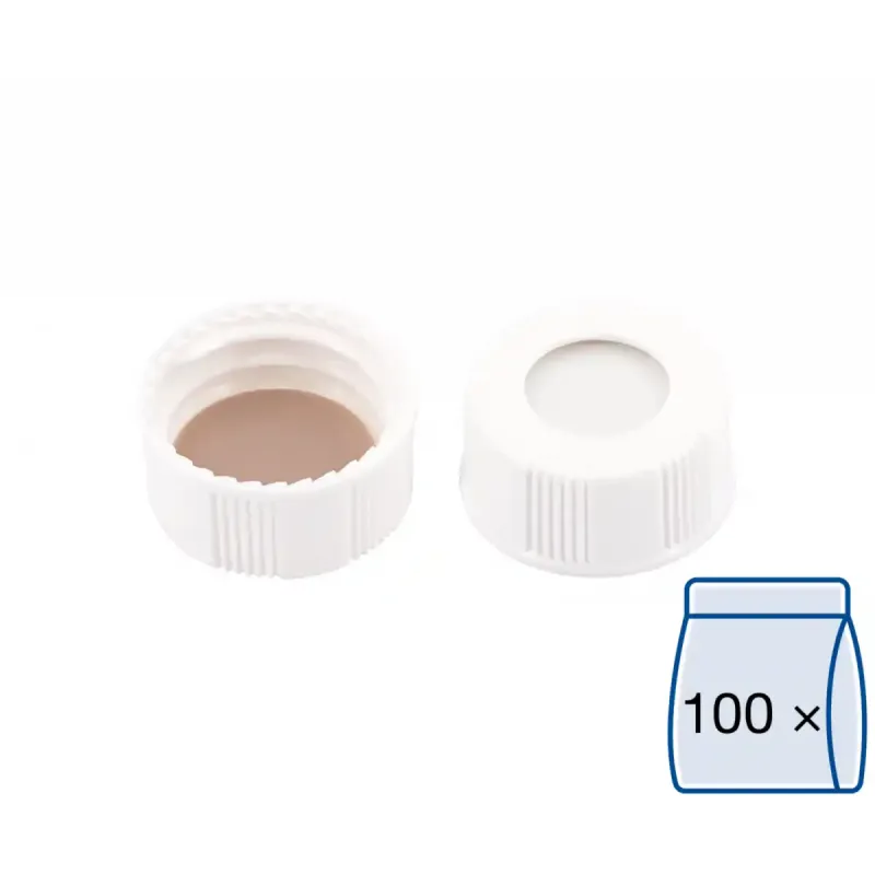 N 20 screw cap (bonded, 20-400), white, center hole Silicone white/PTFE beige Hardness: 45° shore A Thickness: 1.5 mm pack of 100