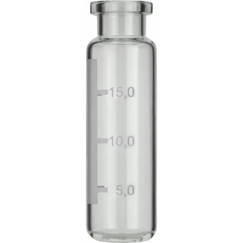 20 mL Headspace Crimp Neck Vial N 20 outer diameter: 22.5 mm, outer height: 75.5 mm clear, rounded bottom, flat DIN crimp neck, label pack of 100