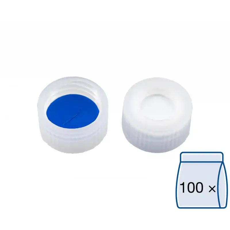 N 9 PP screw cap, transparent, center hole Silicone white/PTFE blue, slit Hardness: 55° shore A Thickness: 1.0 mm pack of 100