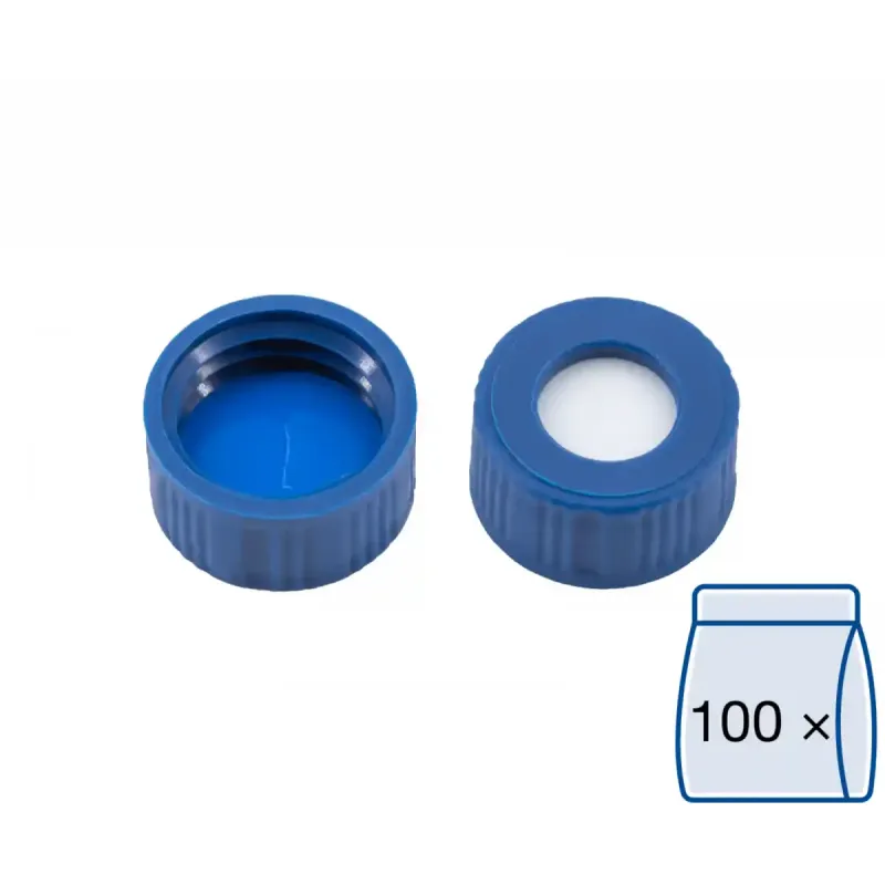 N 9 PP screw cap, blue, center hole Silicone white/PTFE blue, slit Hardness: 55° shore A Thickness: 1.0 mm pack of 100
