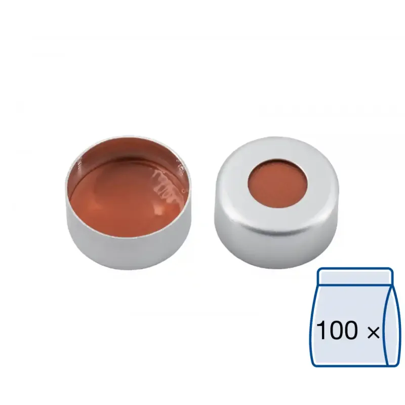 N 11 Aluminium crimp cap, silver, center hole Natural Rubber/Butyl red-orange/TEF colorless Hardness: 45° shore A Thickness: 1.3 mm pack of 100