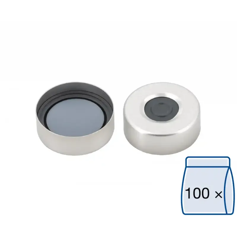 N 20 Aluminium crimp cap, silver, center hole Butyl dark gray/centrical PTFE-lamination gray high purity Hardness: 50° shore A Thickness: 3 mm pack of 100