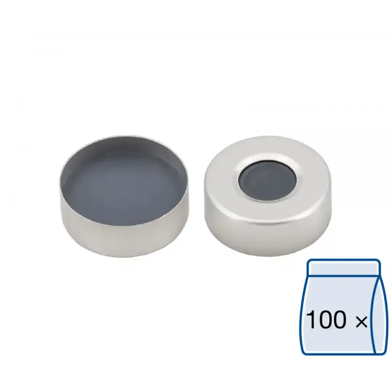 N 20 Aluminium crimp cap, silver, center hole Moulded Septa Butyl/PTFE gray Hardness: 50° shore A Thickness: 3 mm pack of 100