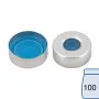N 20 Aluminium crimp cap, silver, center hole Silicone blue transparent/centrical PTFE-lamination colorless Hardness: 45° shore A Thickness: 3 mm pack of 100