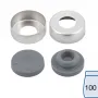 N 20 Aluminium crimp cap, silver, center hole Bromobutyl stopper, gray Hardness: 50° shore A (unassembled) pack of 100