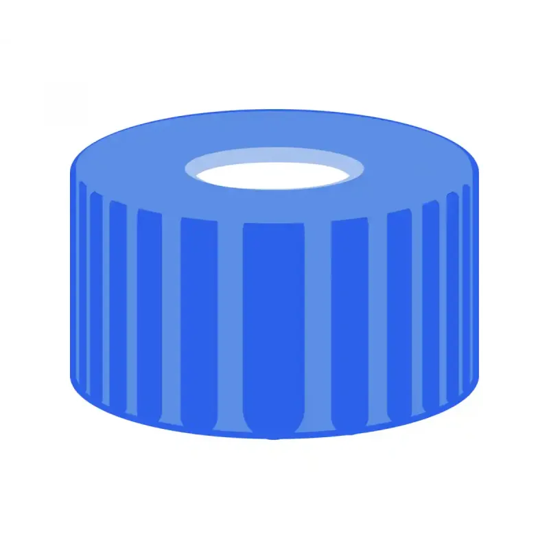 N 9 PP screw cap, blue, center hole Silicone white/Polypropylene colorless Hardness: 45° shore A Thickness: 1.0 mm pack of 100