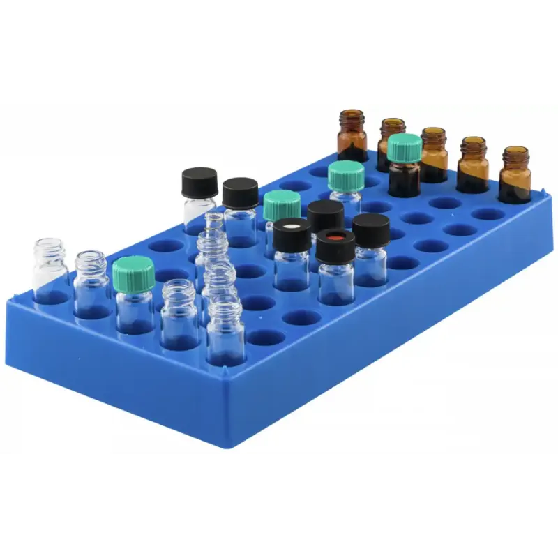 50 position polypropylene vial rack blue for all vials with a diameter of 15 mm max. and flat bottom Dimensions: 240 x 120 x 28 mm stackable pack of 1