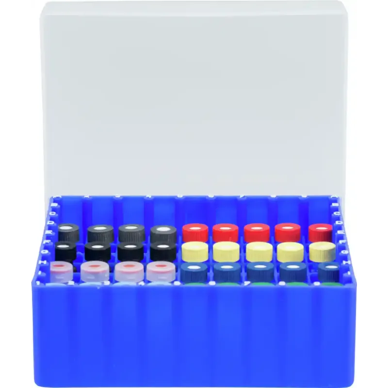81 Position Container, blue, firmly integrated divider for screw neck vials N 8, N 9, N 10 and crimp/snap ring vials N 11, with transparent coded lid, 130 × 130 × 45 mm, suitable for freezers, pack of 1