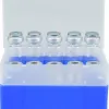 25 Position Container, blue, removable divider for screw neck vials N 18 and crimp neck vials N 20, with transparent lid, 130 × 130 × 80 mm, suitable for freezers, pack of 1