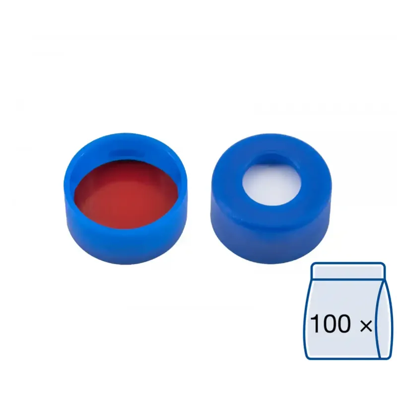 N 11 PE snap ring cap, blue, center hole Silicone white/PTFE red Hardness: 45° shore A Thickness: 1.0 mm pack of 100