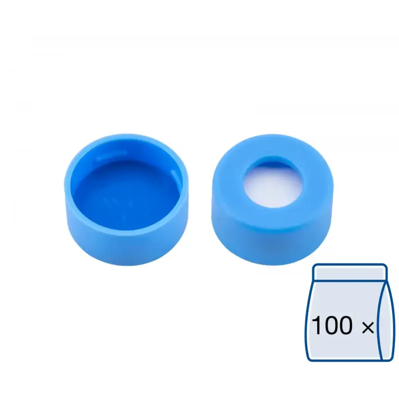 N 11 PE snap ring cap, soft, light blue, center hole Silicone white/PTFE blue, cross-slit Hardness: 55° shore A Thickness: 1.0 mm pack of 100