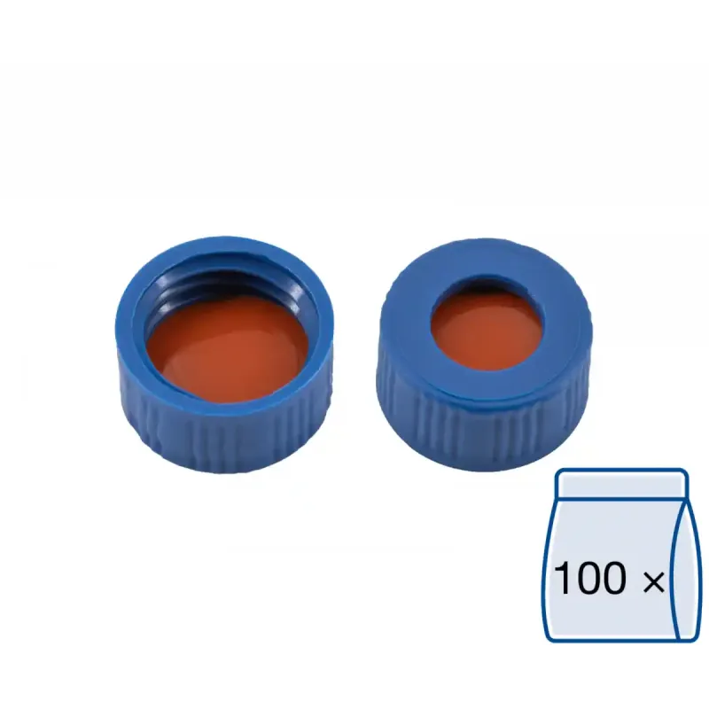 N 9 PP screw cap, blue, center hole Red Rubber/FEP colorless Hardness: 45° shore A Thickness: 1.0 mm pack of 100