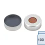 N 20 Aluminium crimp cap, silver, center hole Butyl red/PTFE gray Hardness: 50° shore A Thickness: 3 mm pack of 100