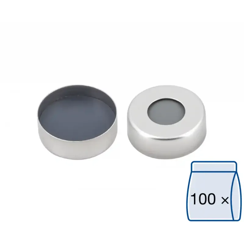 N 20 Aluminium crimp cap, silver, center hole Butyl light gray/PTFE dark gray Hardness: 50° shore A Thickness: 3 mm pack of 100