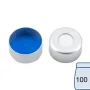 N 11 Aluminium crimp cap, silver, center hole Silicone white/PTFE blue, cross-slit Hardness: 55° shore A Thickness: 1.5 mm pack of 100