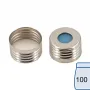 N 18 magnetic screw cap, silver, center hole Silicone blue transparent/PTFE white Hardness: 45° shore A Thickness: 1.5 mm pack of 100