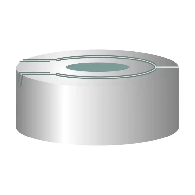 N 20 Aluminium pressure release safety cap, silver, center hole Butyl light gray/PTFE dark gray Hardness: 50° shore A Thickness: 3 mm pack of 100